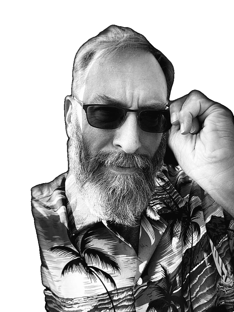 Jason Gehlert in sunglasses and a Hawaiian shirt